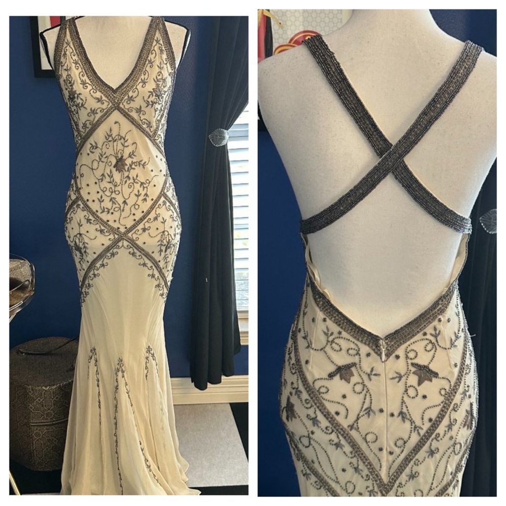Vintage 90’s 100% Silk Beaded Dress Silk Slip Dress Backless White Gown Prom Y2K - Picture 3 of 16
